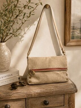 Hammitt Beige Leather Shoulder Bag with Red Zip Accent